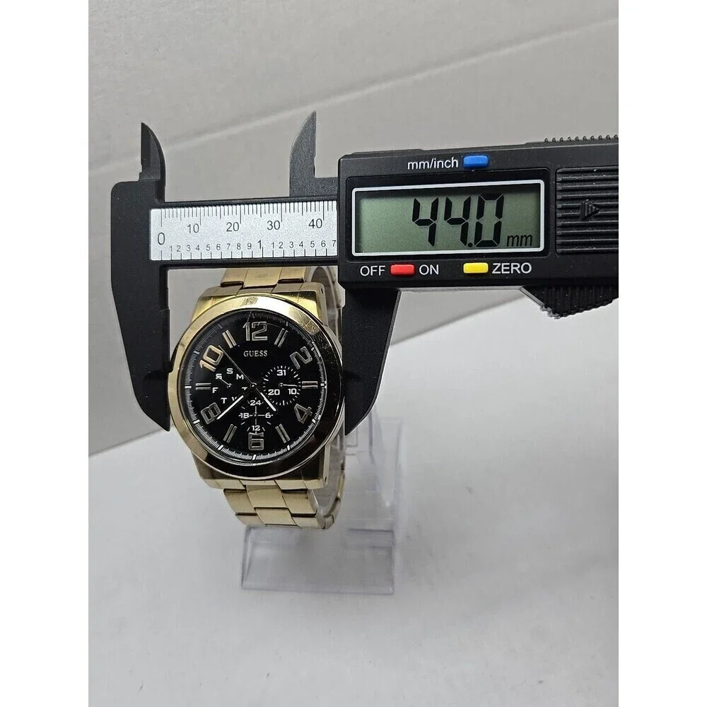 Mens Guess Steel Gold Tone 44mm Day Date Watch 100M Quartz New Battery Classic